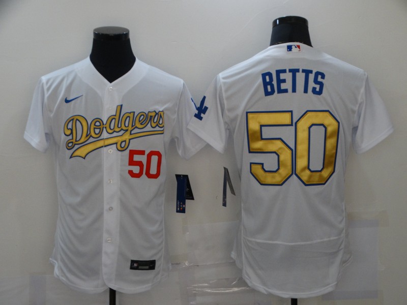 Men's Los Angeles Dodgers #50 Mookie Betts 2021 White Gold Sttiched Jersey